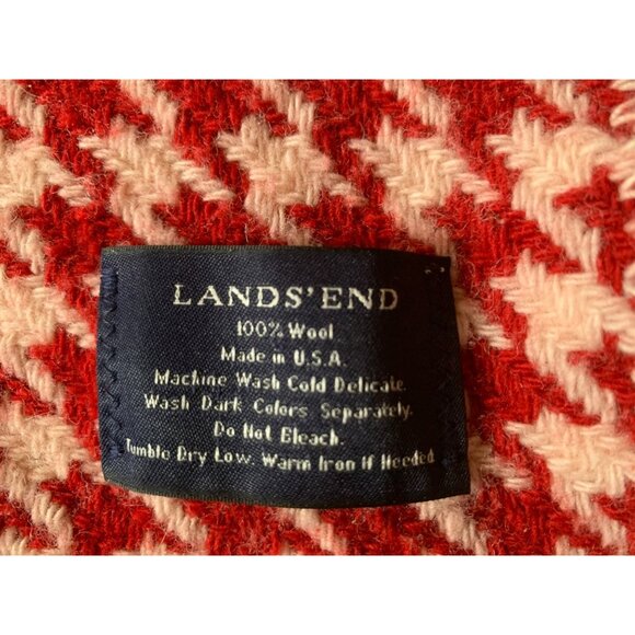 Lands End Red Cream Houndstooth Wool Twin Blanket USA Made 69 x 100" Stitched Ed - Picture 2 of 5